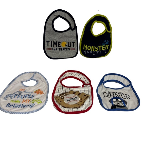 5 Baby Toddlers Boys Bibs Baseball Monster Dinner Relatives Snacks EUC - Picture 2 of 13